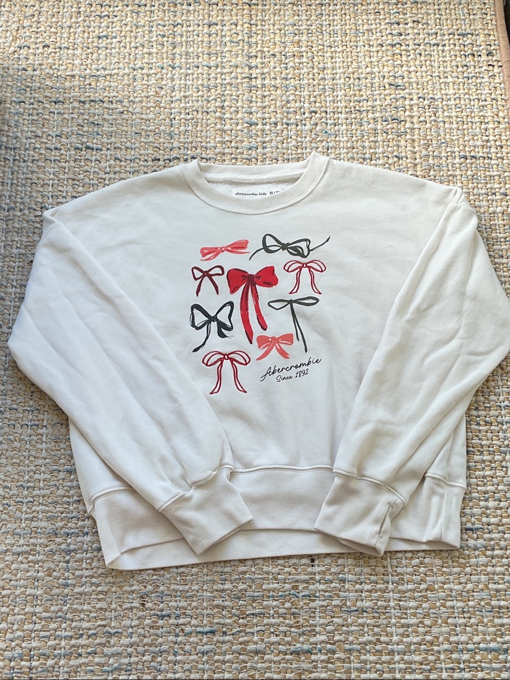 Abercrombie & Fitch Cream Crewneck Sweatshirt with Red & Black Bow Prints